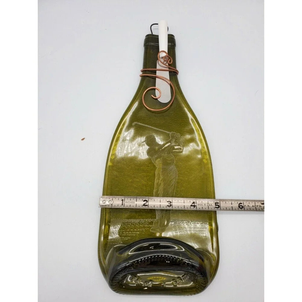 Cheese Plate Green Wine Bottle Serving Dish Spoon Rest Etched Golfer Flattened